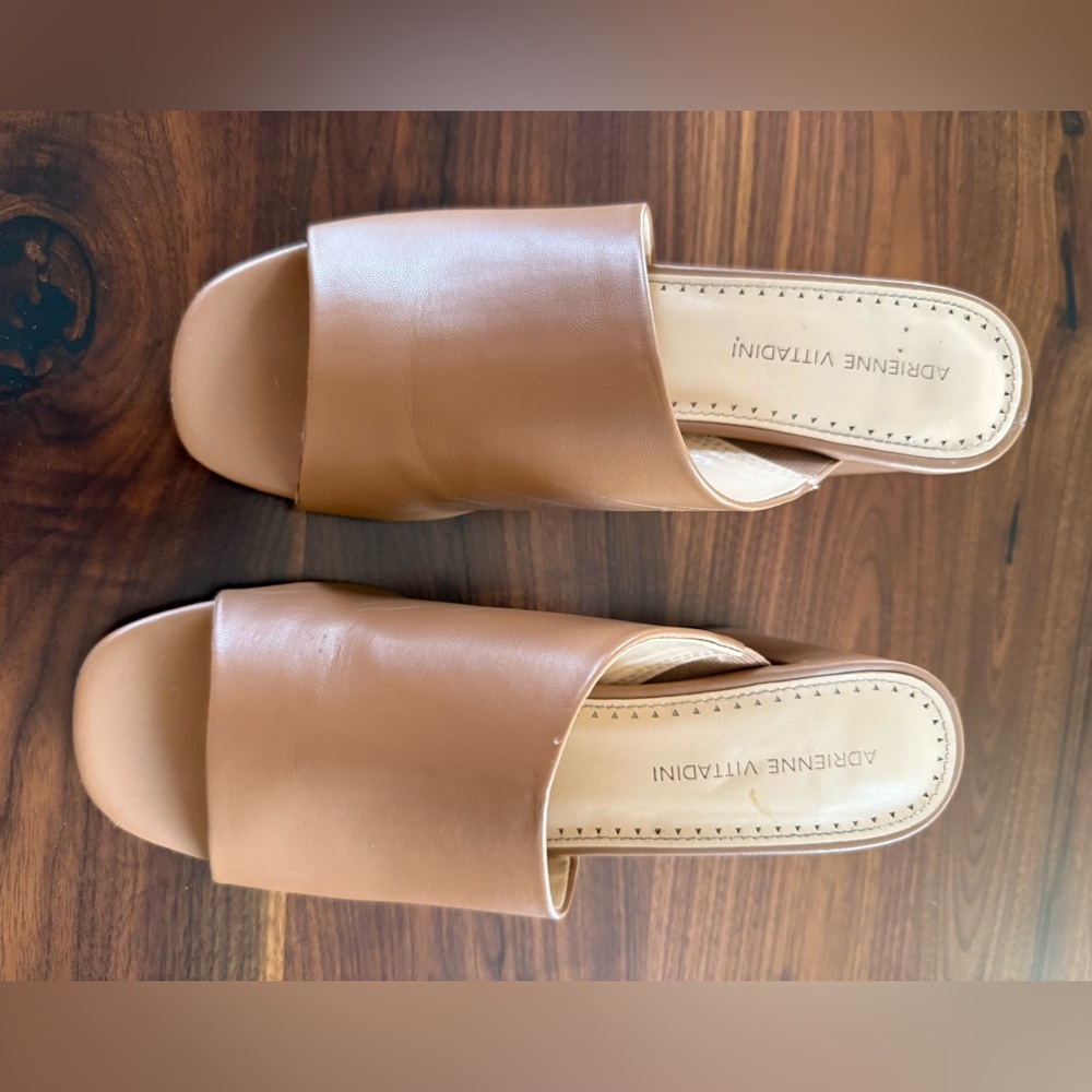 Adrienne Vittadini Tan Leather Block Heel Mules